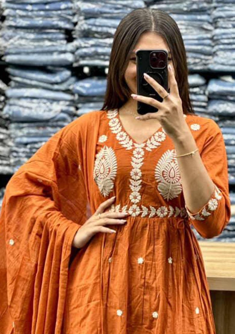 Orange Printed Cotton Kurta Set - Indya