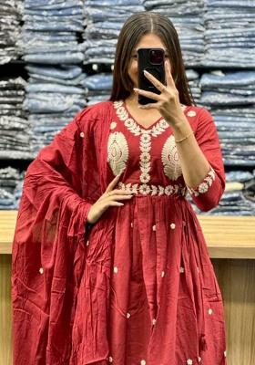 Red Printed Cotton Kurta Set