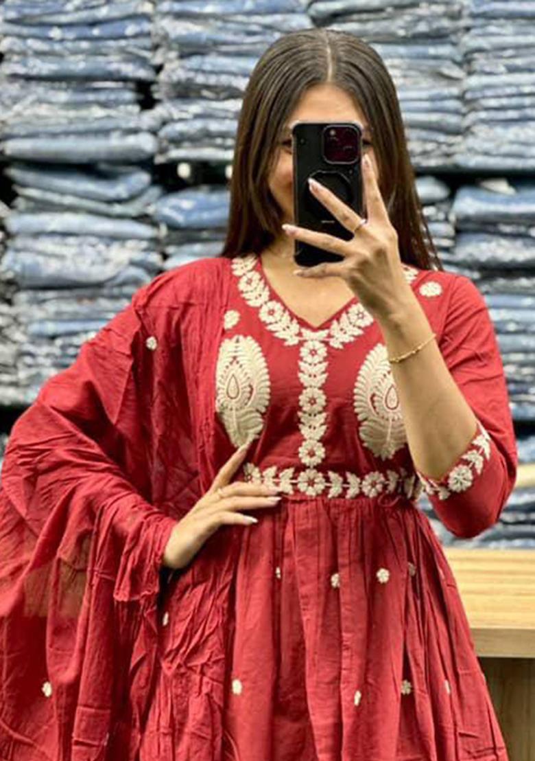 Red Printed Cotton Kurta Set - Indya