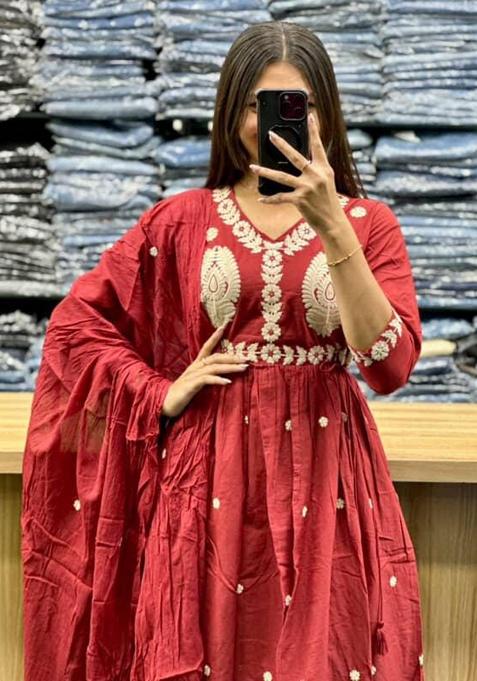 Red Printed Cotton Kurta Set