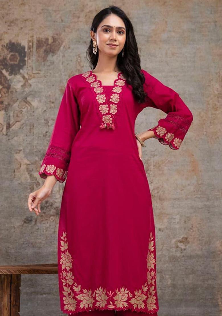 Pink Printed Cotton Kurta Set - Indya