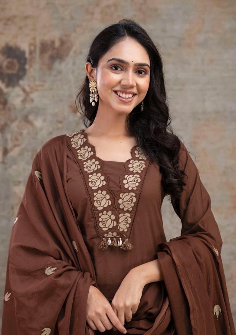 Brown Printed Cotton Kurta Set - Indya