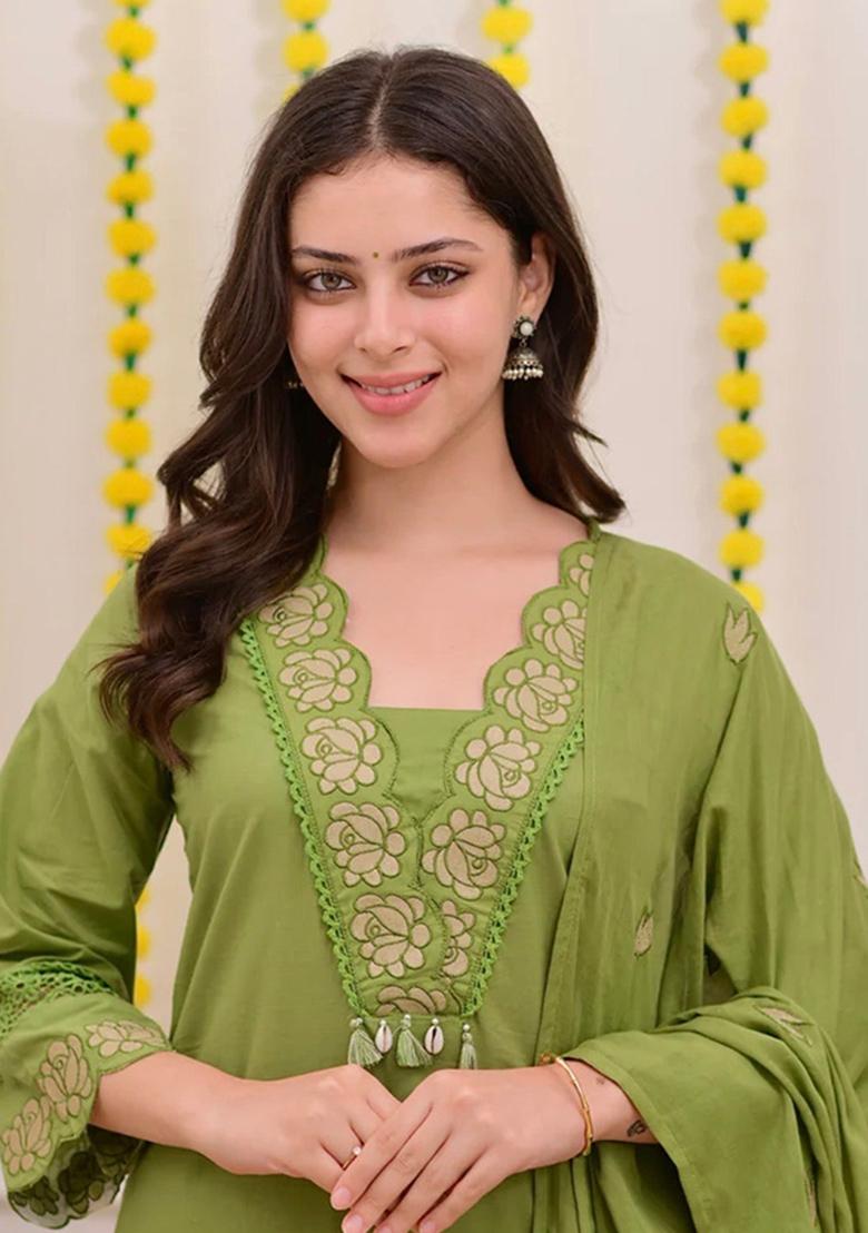 Green Printed Cotton Kurta Set - Indya