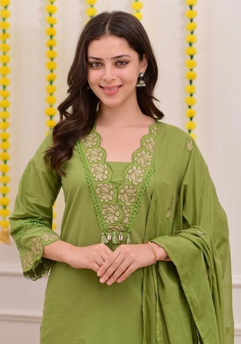 Green Printed Cotton Kurta Set