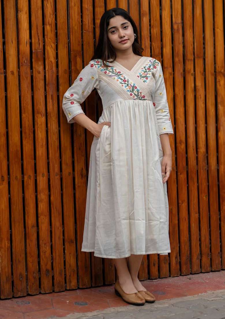 White Embroidered Cotton Kurta - Indya