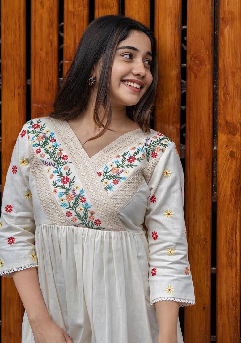 White Printed Cotton Kurta Set - Indya