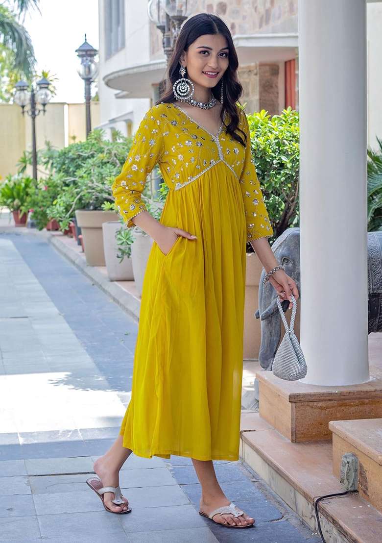 Yellow Embroidered Cotton Kurta - Indya