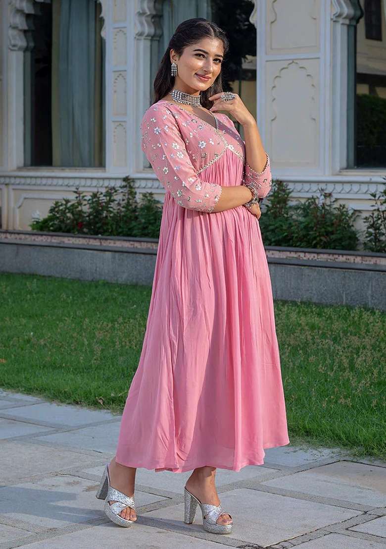 Pink Embroidered Cotton Kurta - Indya