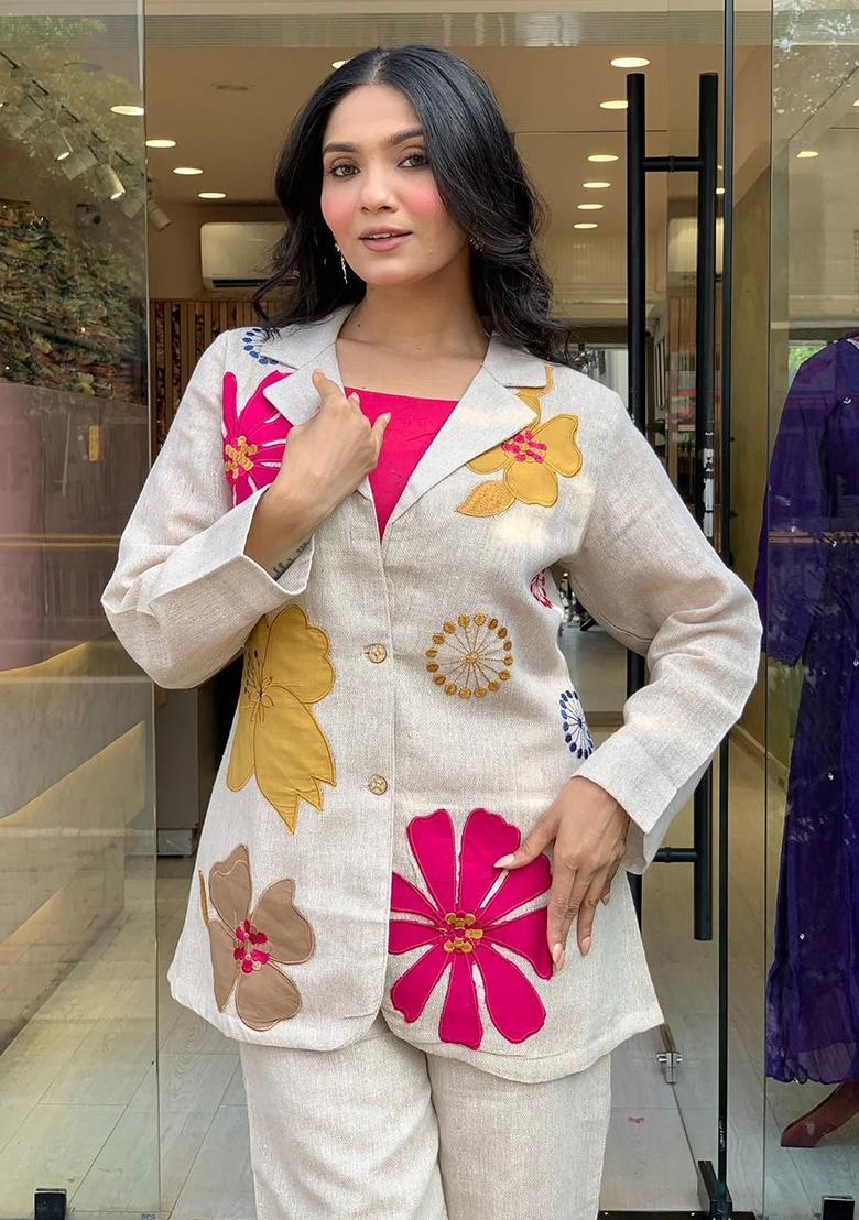 White Printed Cotton Kurta Set - Indya