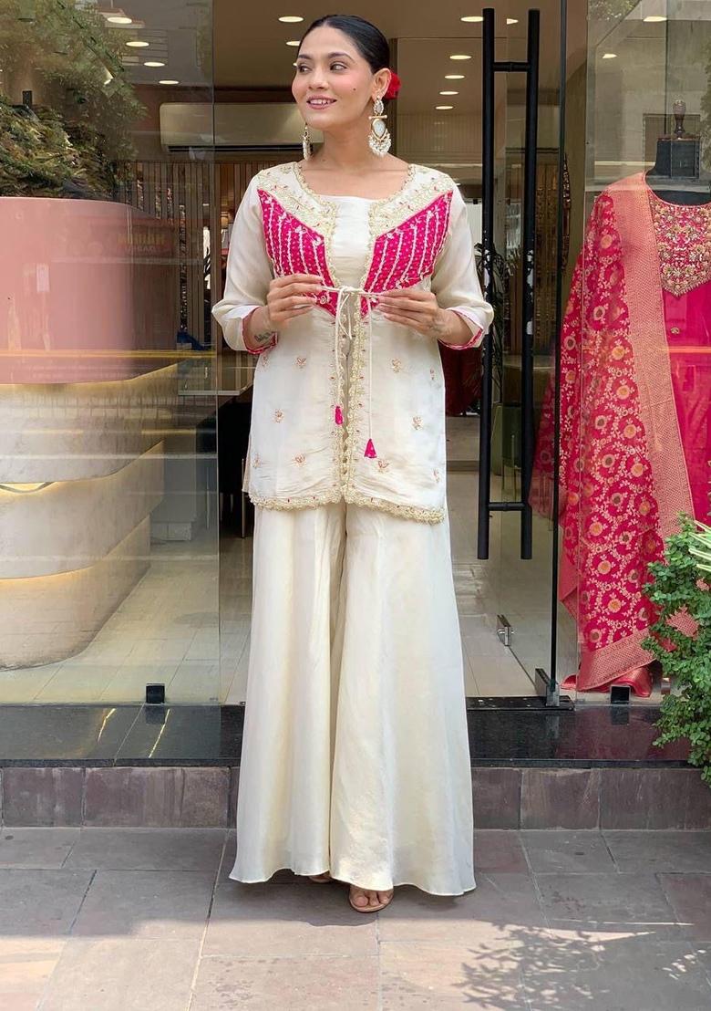 White Printed Cotton Kurta Set - Indya