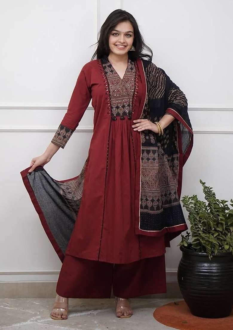 Brown Embroidered Cotton Straight Kurta Set - Indya