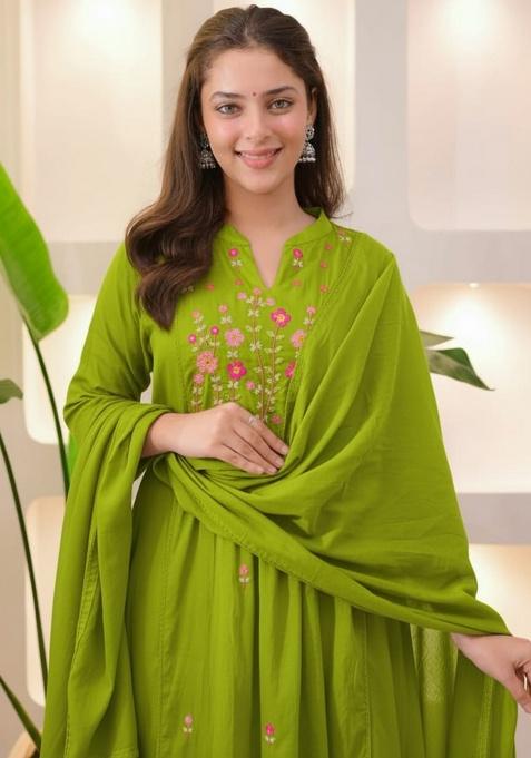 Green Printed Cotton Kurta Set