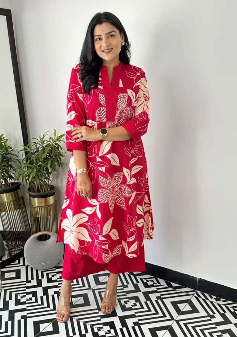 Red Floral Print Cotton Kurta - Indya