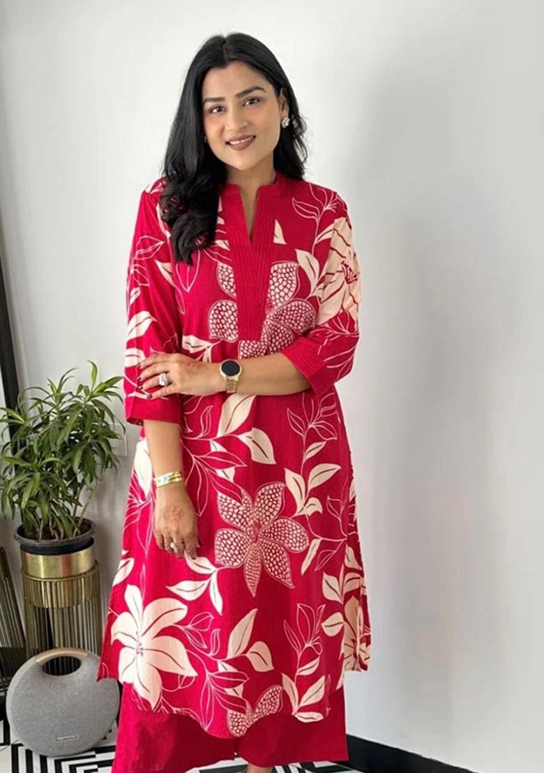 Red Printed Cotton Kurta Set - Indya