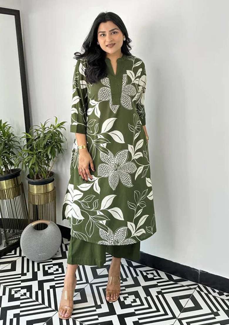 Green Floral Print Cotton Kurta - Indya