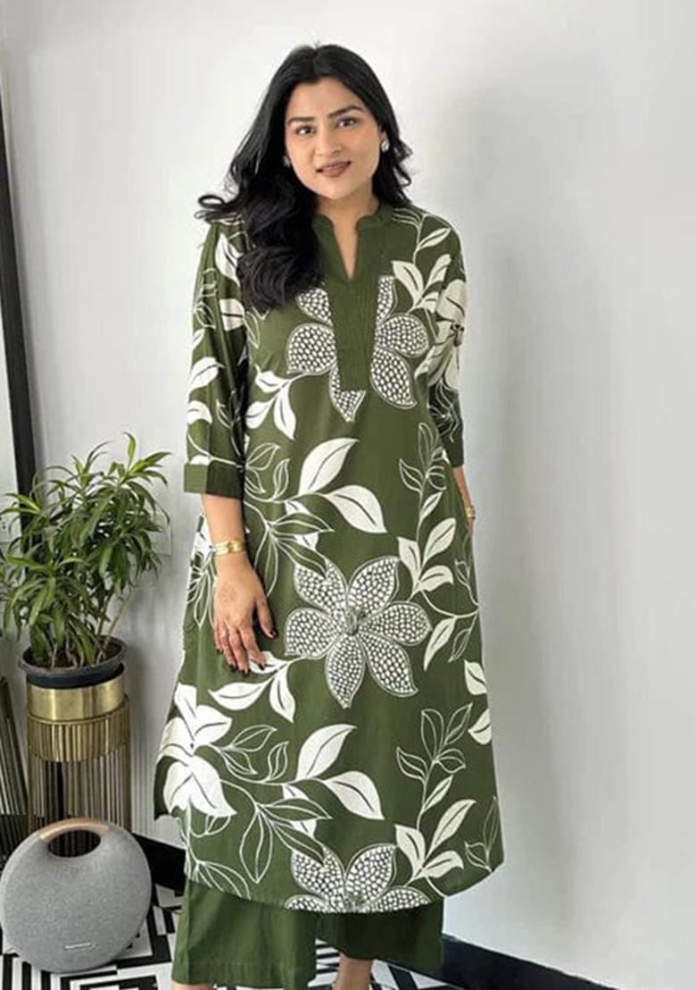 Green Printed Cotton Kurta Set - Indya