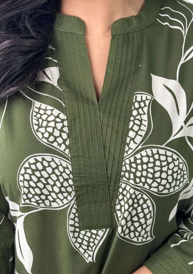 Green Floral Print Cotton Kurta - Indya