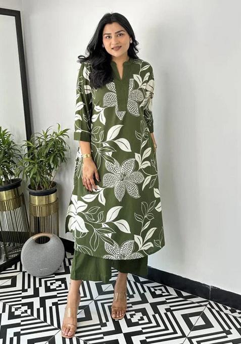 Green Printed Cotton Kurta Set