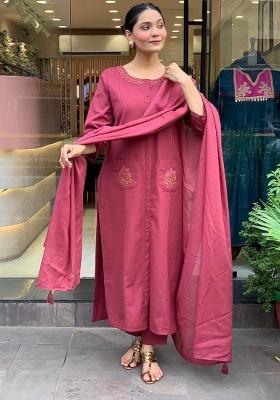 Maroon Printed Cotton Kurta Set