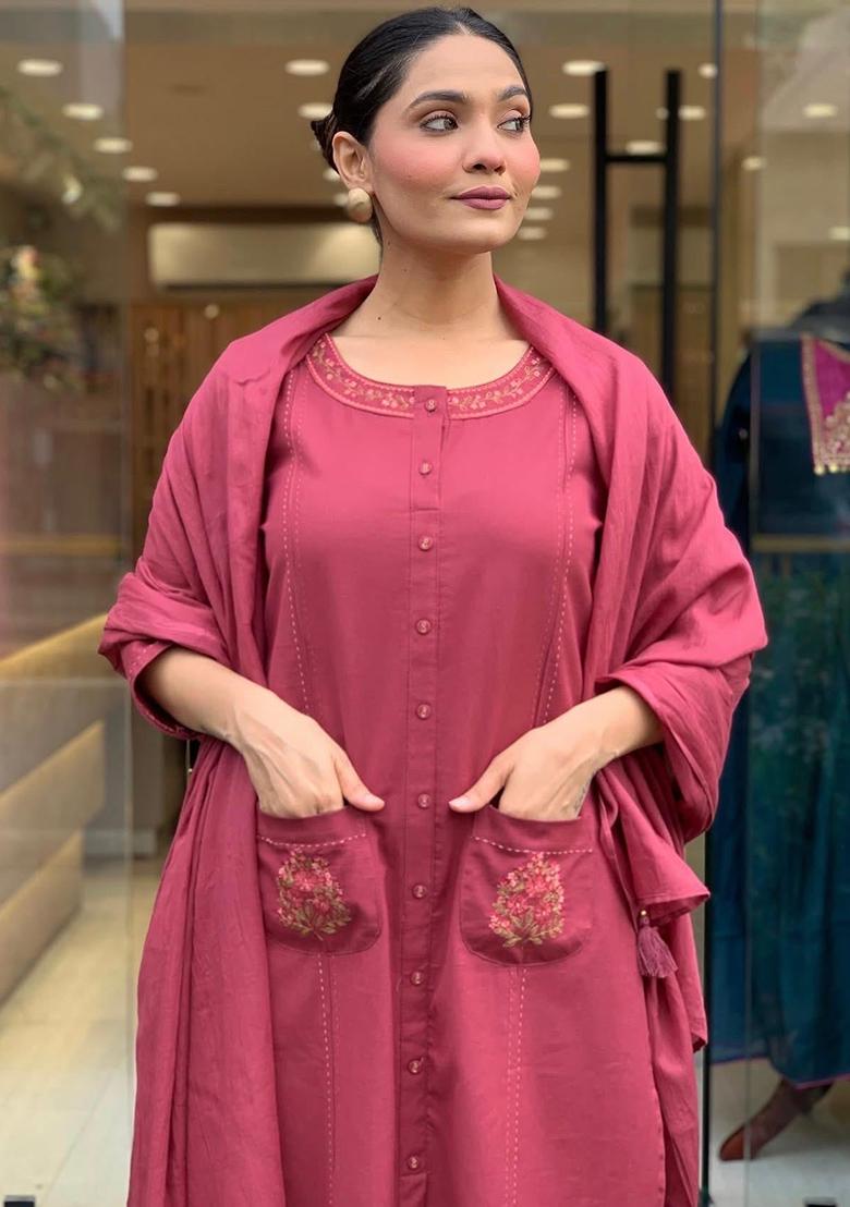 Maroon Printed Cotton Kurta Set - Indya