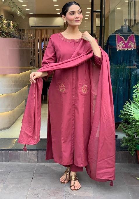 Maroon Embroidery Cotton Kurta Set
