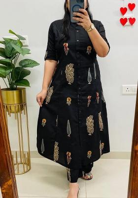 Black Printed Cotton Kurta Set