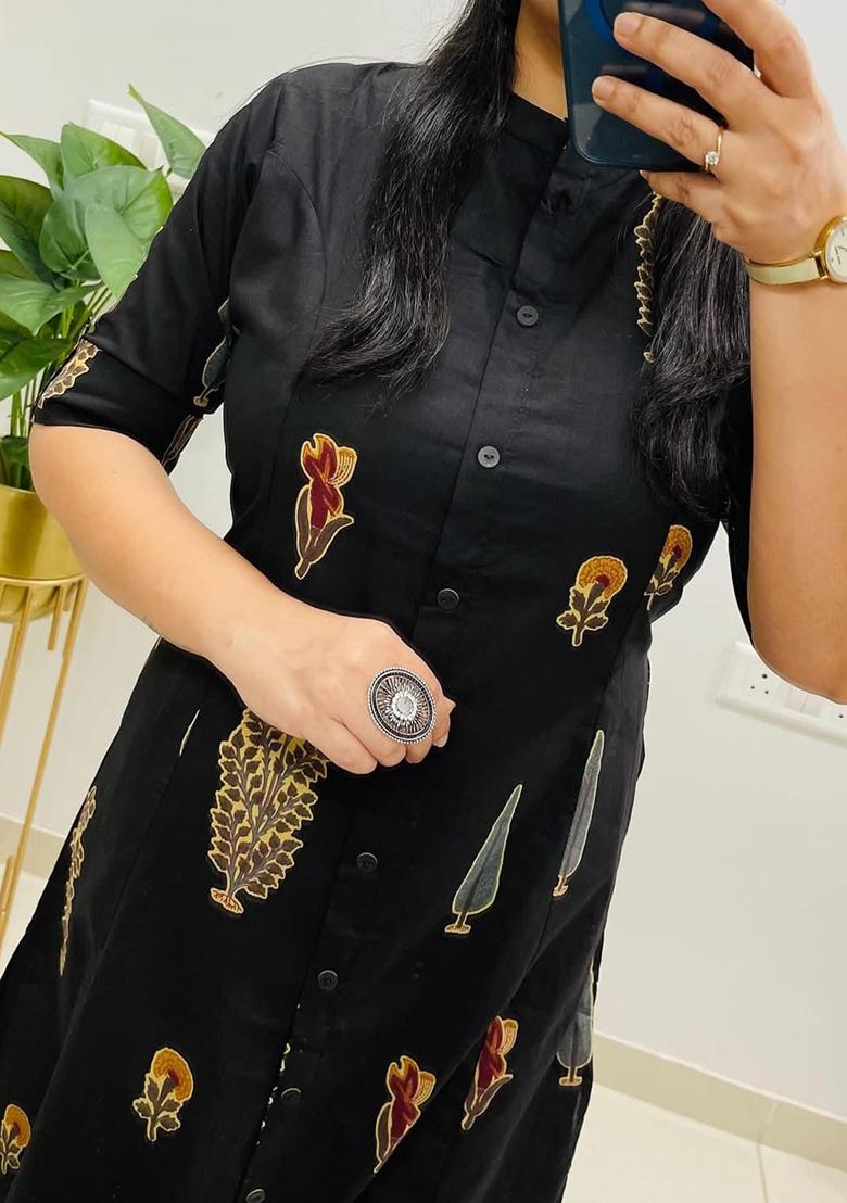 Black Printed Cotton Kurta Set - Indya