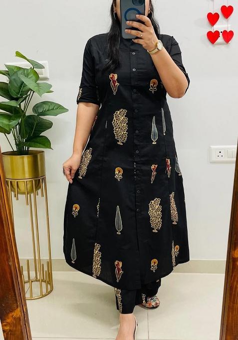Black Printed Cotton Kurta Set