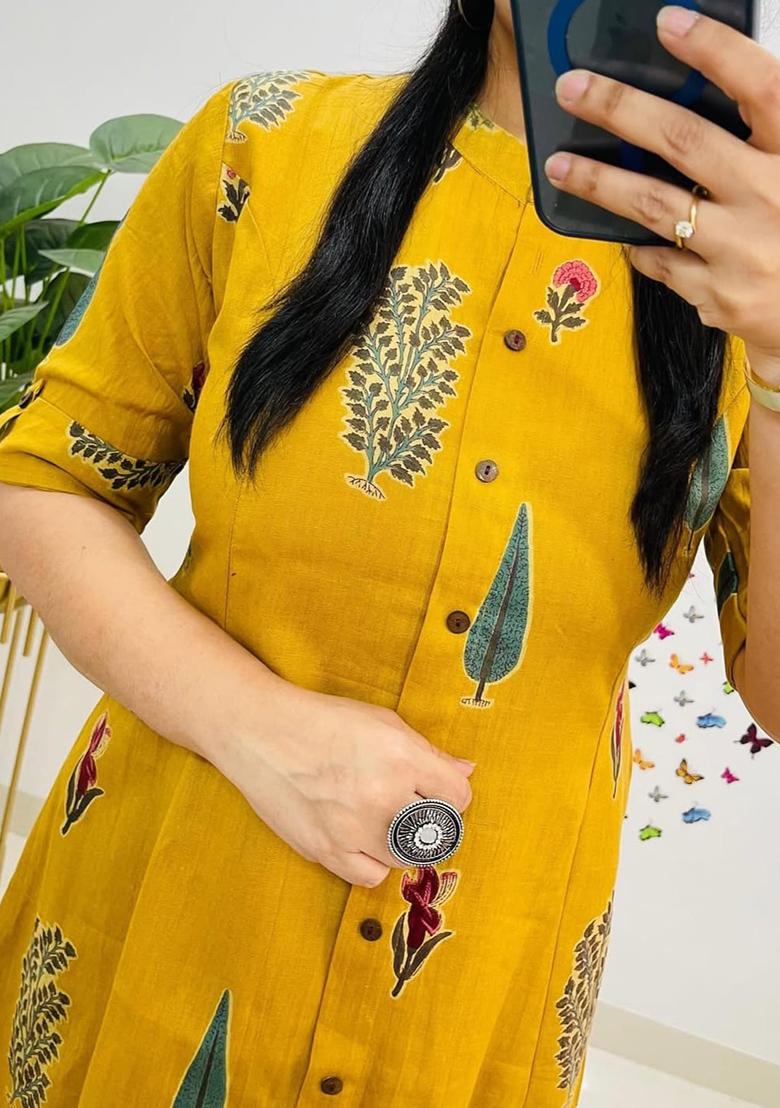 Yellow Printed Cotton Kurta Set - Indya