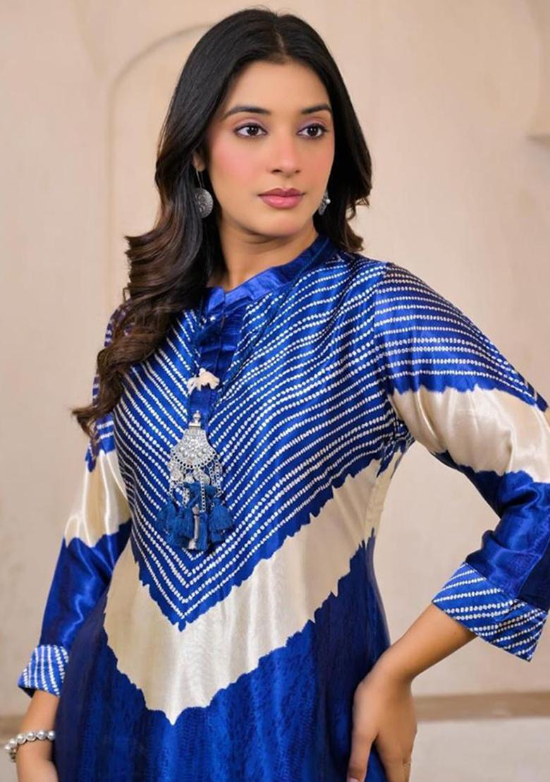 Blue Printed Cotton Kurta Set - Indya