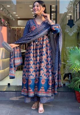 Blue Printed Cotton Kurta Set