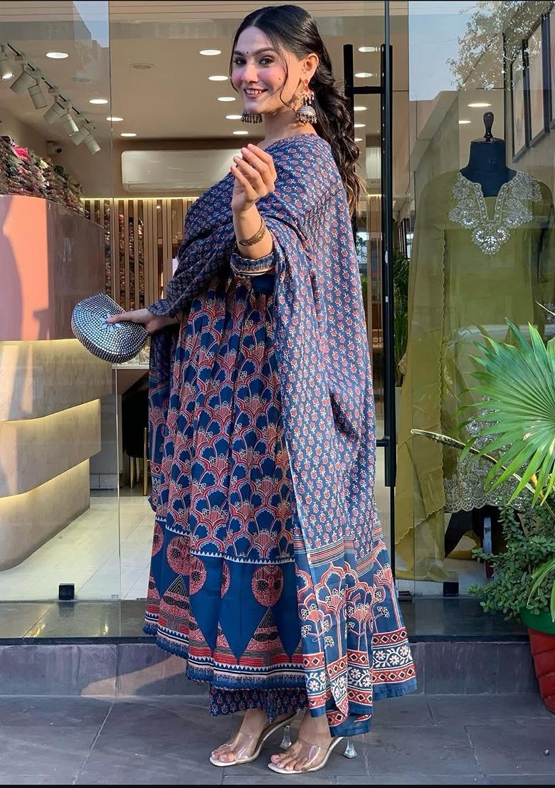 Blue Printed Cotton Kurta Set - Indya