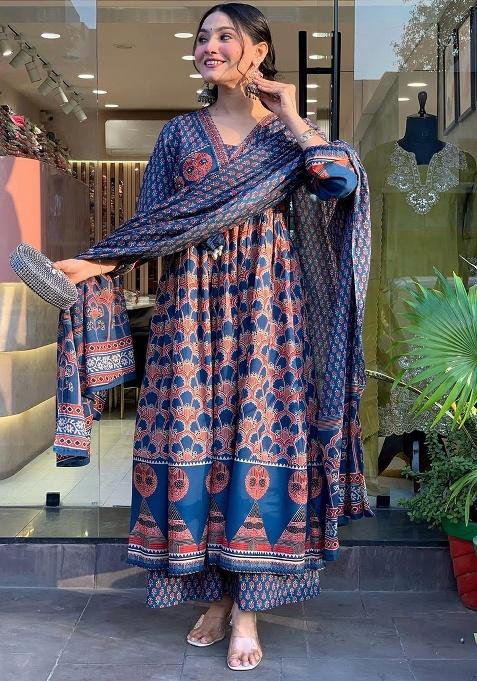 Blue Printed Cotton Kurta Set