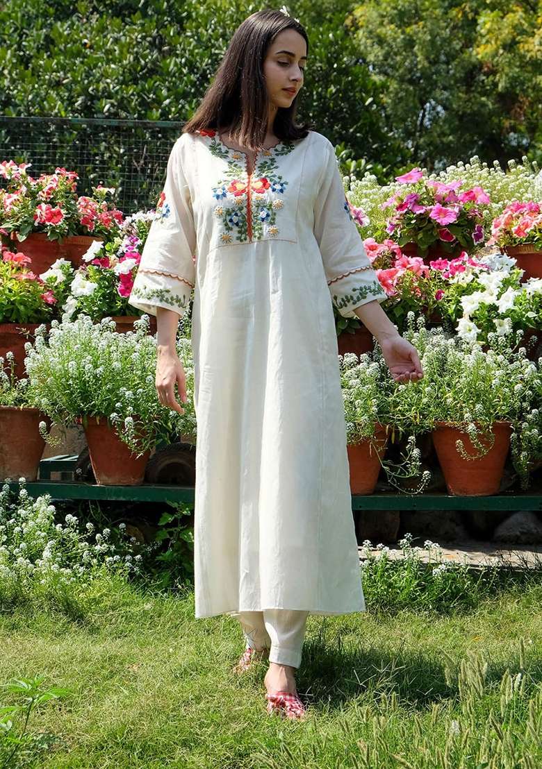 White Embroidered Cotton Straight Kurta Set - Indya