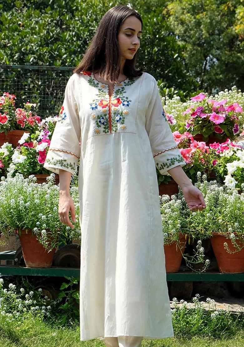 White Printed Cotton Kurta Set - Indya