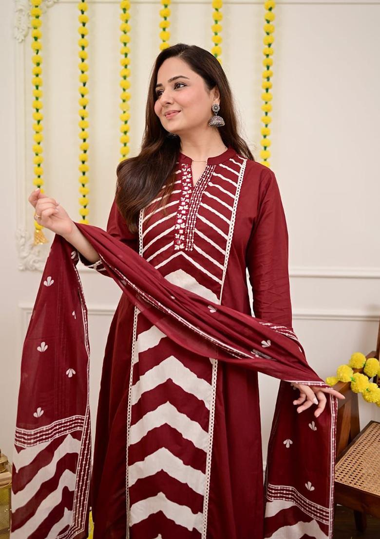 Red Printed Cotton Kurta Set - Indya