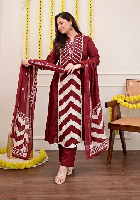 Red Printed Cotton Kurta Set
