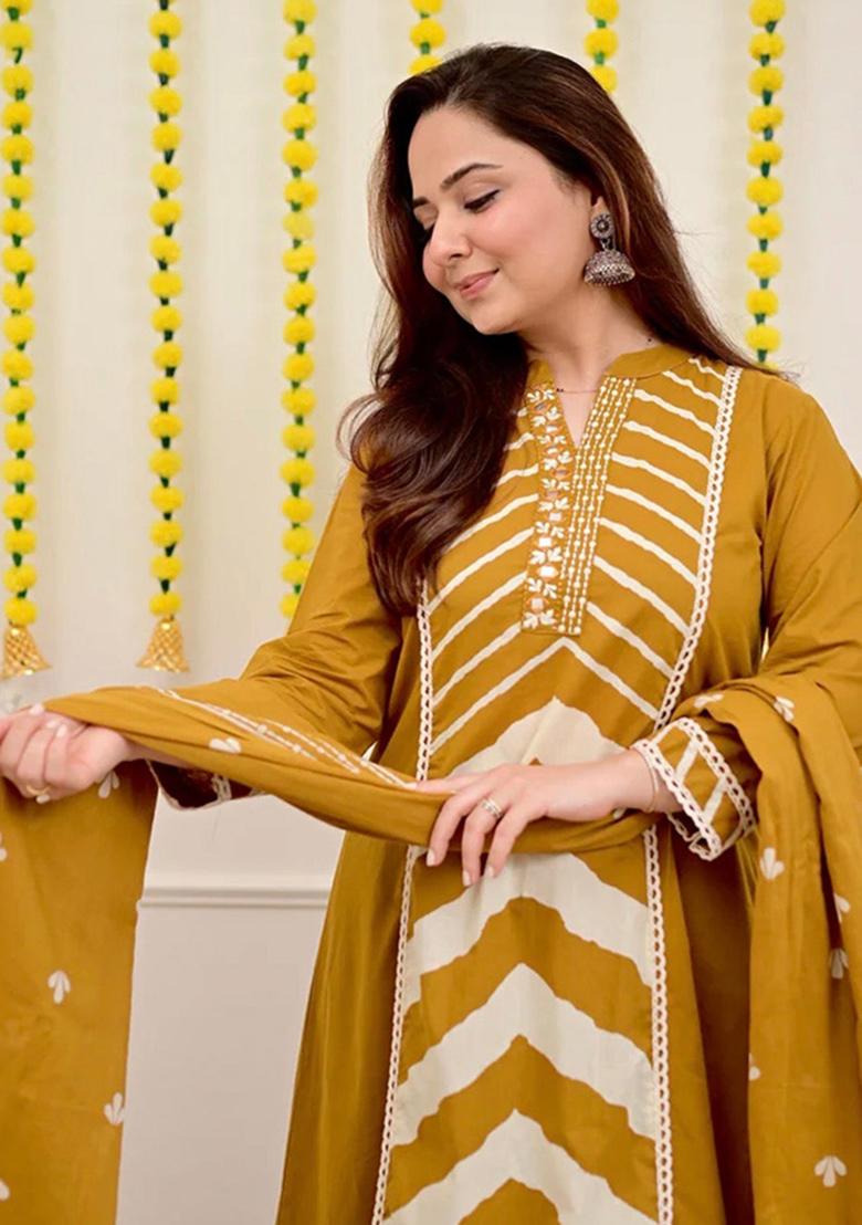 Yellow Printed Cotton Kurta Set - Indya