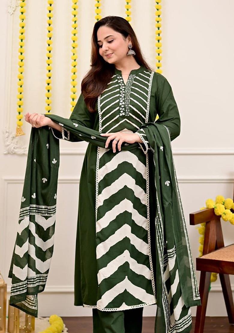 Green Printed Cotton Kurta Set - Indya