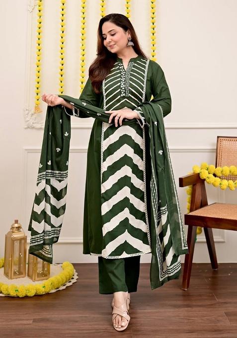 Green Printed Cotton Kurta Set