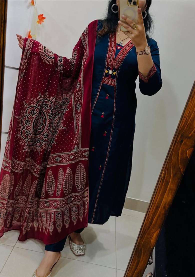 Blue Embroidered Cotton Straight Kurta Set - Indya