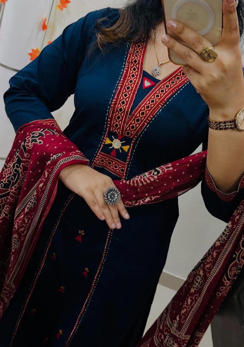 Blue Printed Cotton Kurta Set - Indya