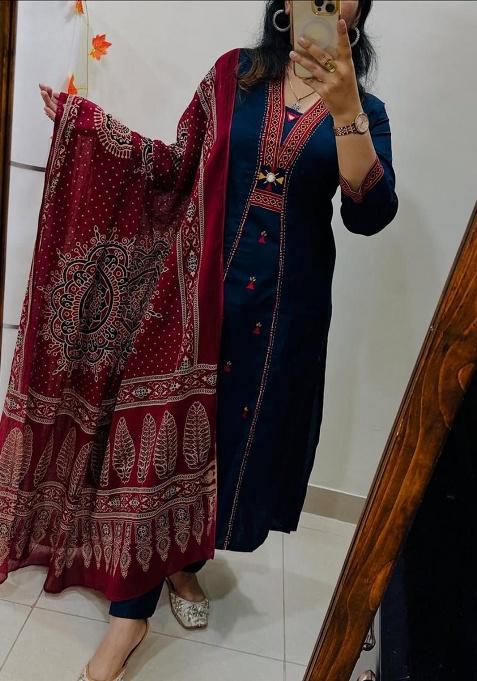 Blue Printed Cotton Kurta Set