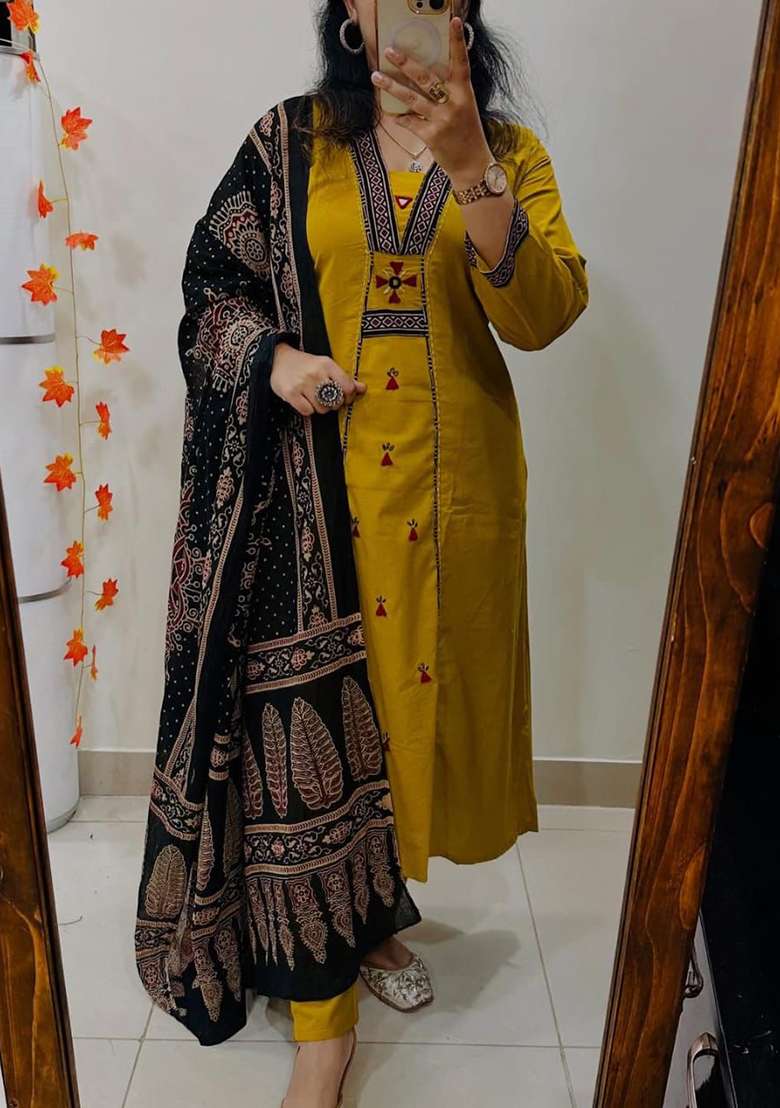 Yellow Embroidered Cotton Straight Kurta Set - Indya