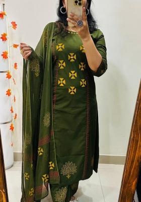 Green Printed Cotton Kurta Set