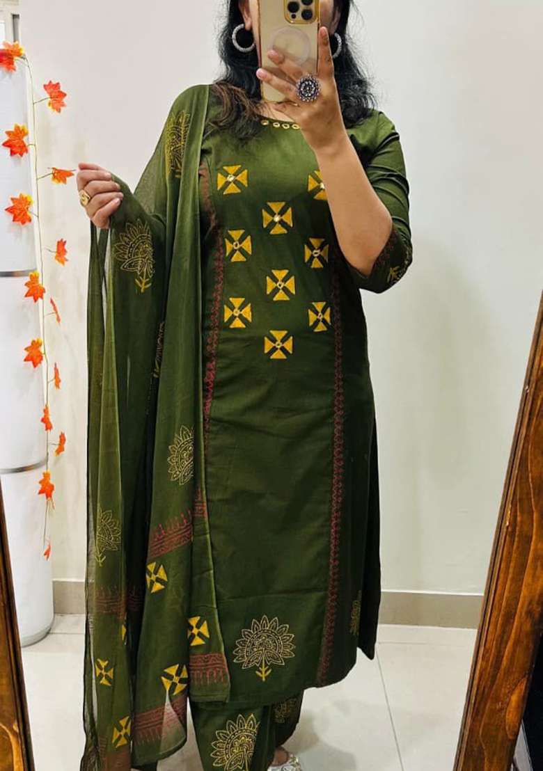 Green Printed Cotton Straight Kurta Set - Indya
