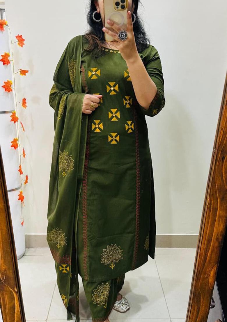 Green Printed Cotton Kurta Set - Indya