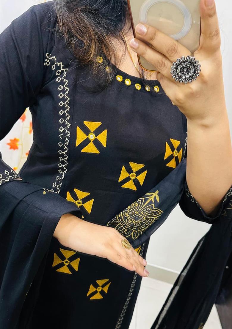 Black Printed Cotton Kurta Set - Indya