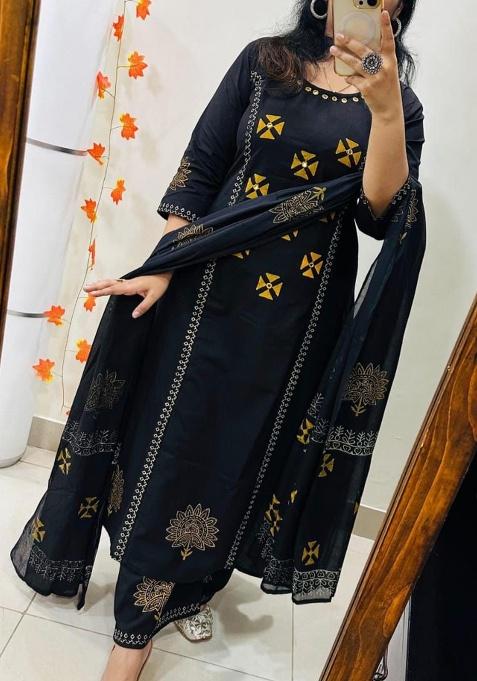 Black Printed Cotton Kurta Set
