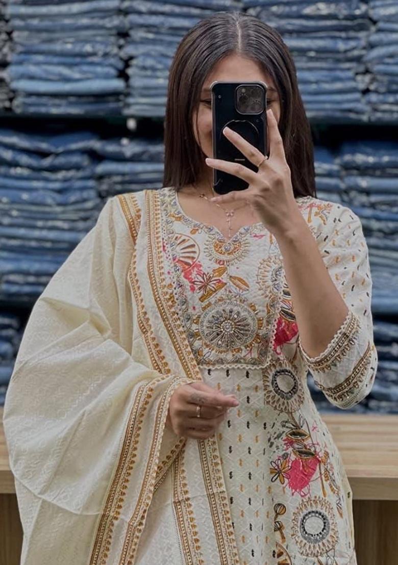 White Printed Cotton Kurta Set - Indya